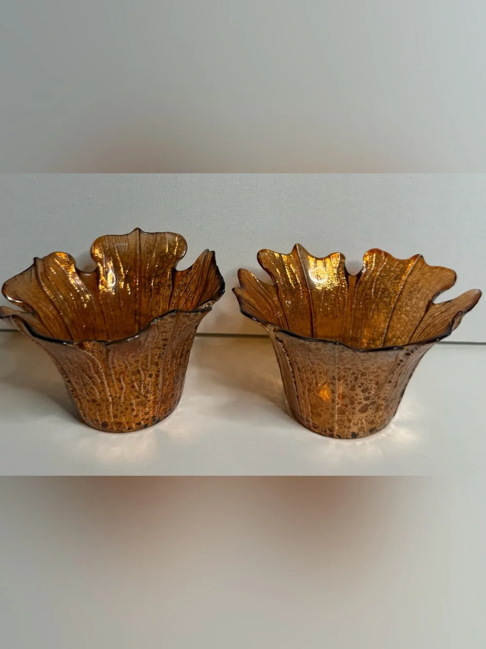 Amber Glass Leaf-Edge Votive Holders – Pair